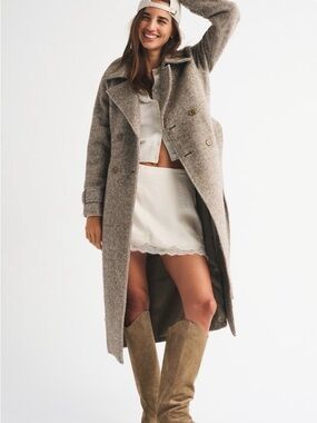 Abercrombie & Fitch Taupe Herringbone Wool Blend Trench Coat